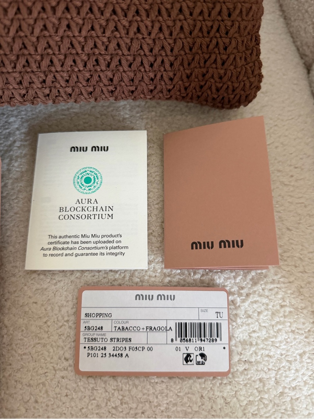 Miu Miu Crochet Knit Shopping Tote Bag Brown Pink Striped Large Raffia-effect - Picture 2 of 14
